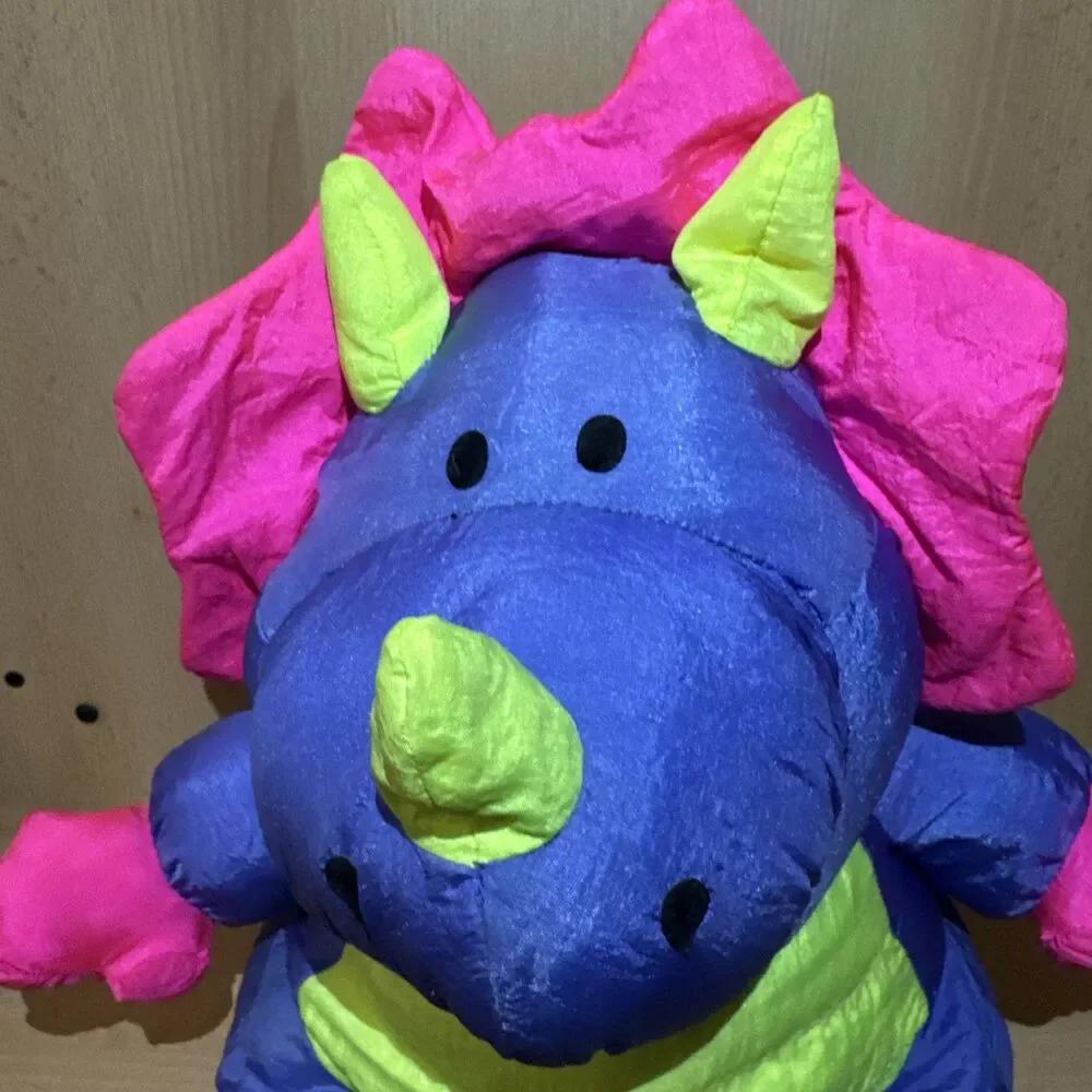 Stuffins 90’s Triceratops Nylon Plush Dinosaur Pink Blue Squeaker Parachute  Vtg